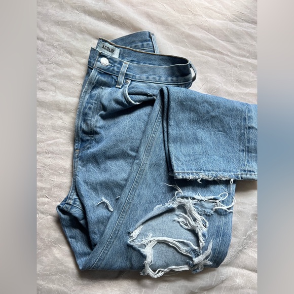 Agolde Denim - Agolde Blue Flare Wide Leg Jeans with Distressed Detailing